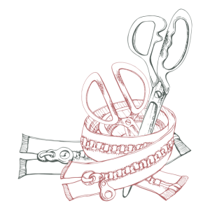 Hand sketched image of scissors wrapped in zippers