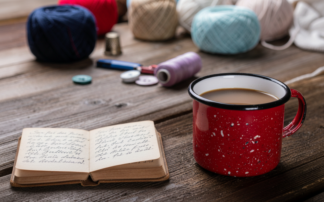 rustic wood table with open journal, cup of coffee in red mug, and balls of yarn and sewing notions on the table